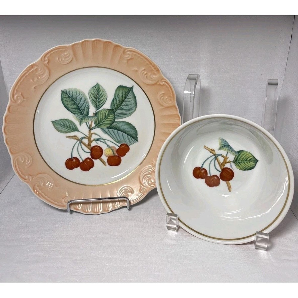 Mottahedeh Dessert Plate And Bowl Set Cherry Design Summer Fruit Collection